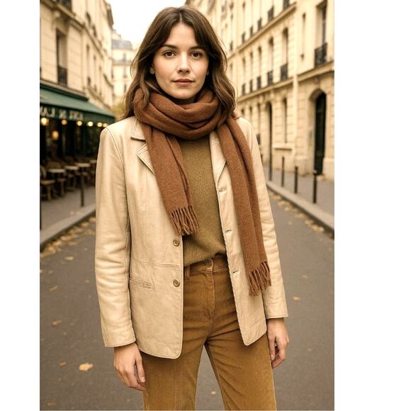SOLD! Vintage L Lamb Leather Button Front Jacket Longline Patch Pockets Taupe - Picture 1 of 7